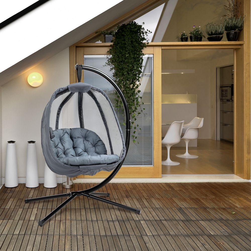 Folding Hanging Egg Chair w/ Cushion and Stand Grey - SILVIONIX