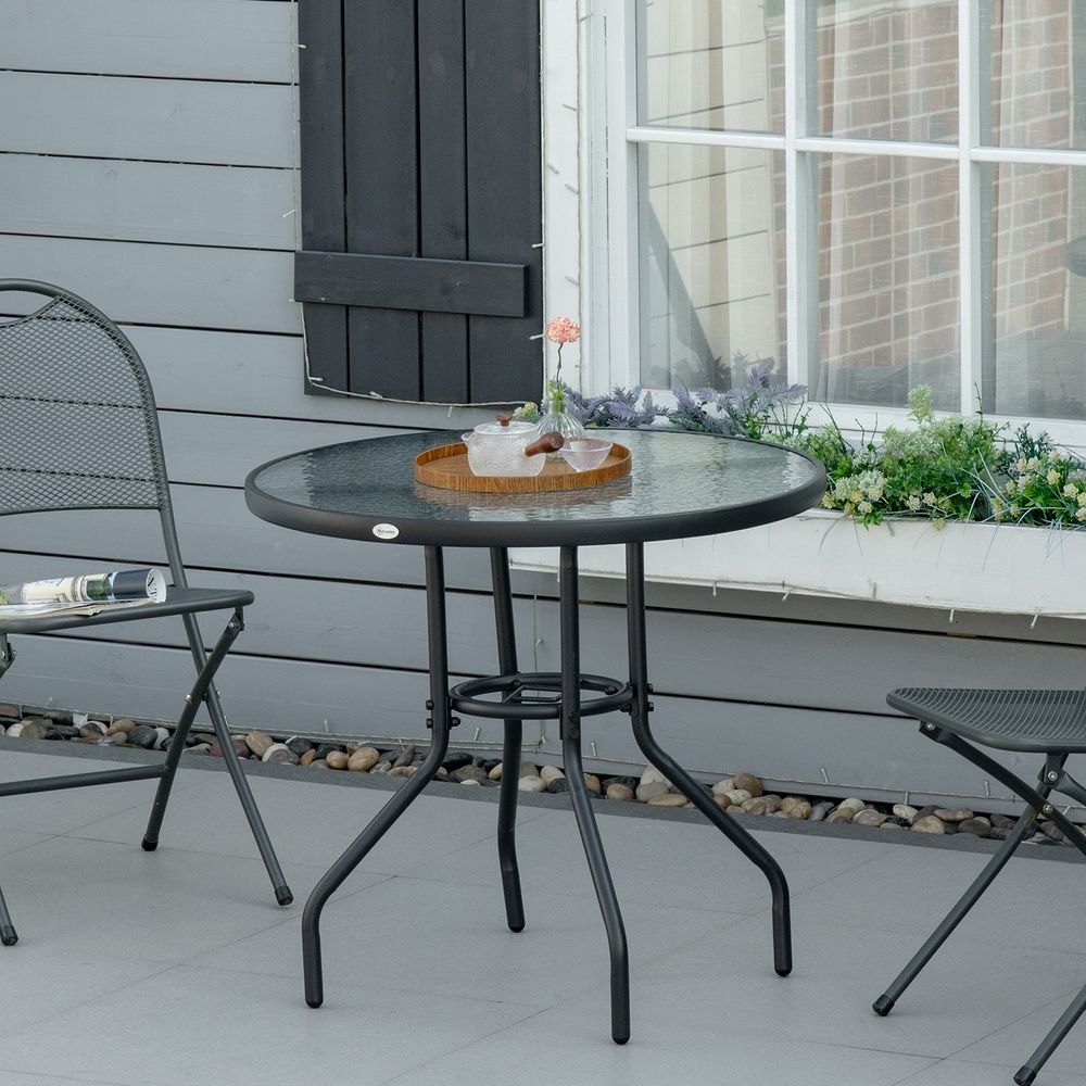 Outdoor Round Dining Table Tempered Glass Top Steel w/ Parasol Hole 80cm - SILVIONIX