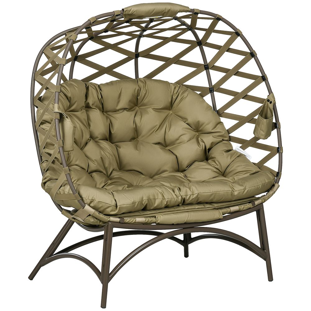Outsunny 2 Seater Egg Chair Outdoor with Cushion, Cup Pockets - Khaki - SILVIONIX