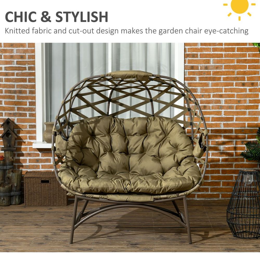 Outsunny 2 Seater Egg Chair Outdoor with Cushion, Cup Pockets - Khaki - SILVIONIX
