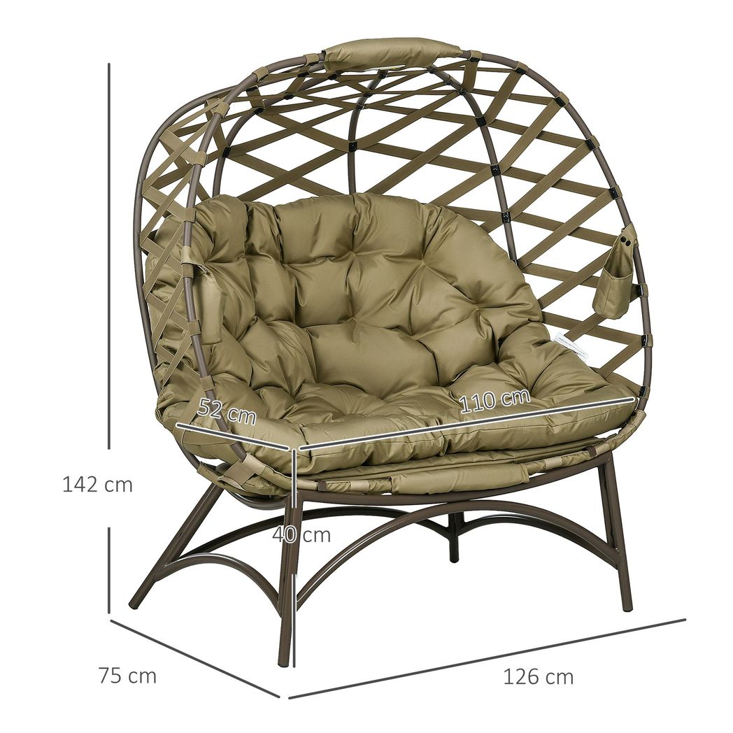 Outsunny 2 Seater Egg Chair Outdoor with Cushion, Cup Pockets - Khaki - SILVIONIX