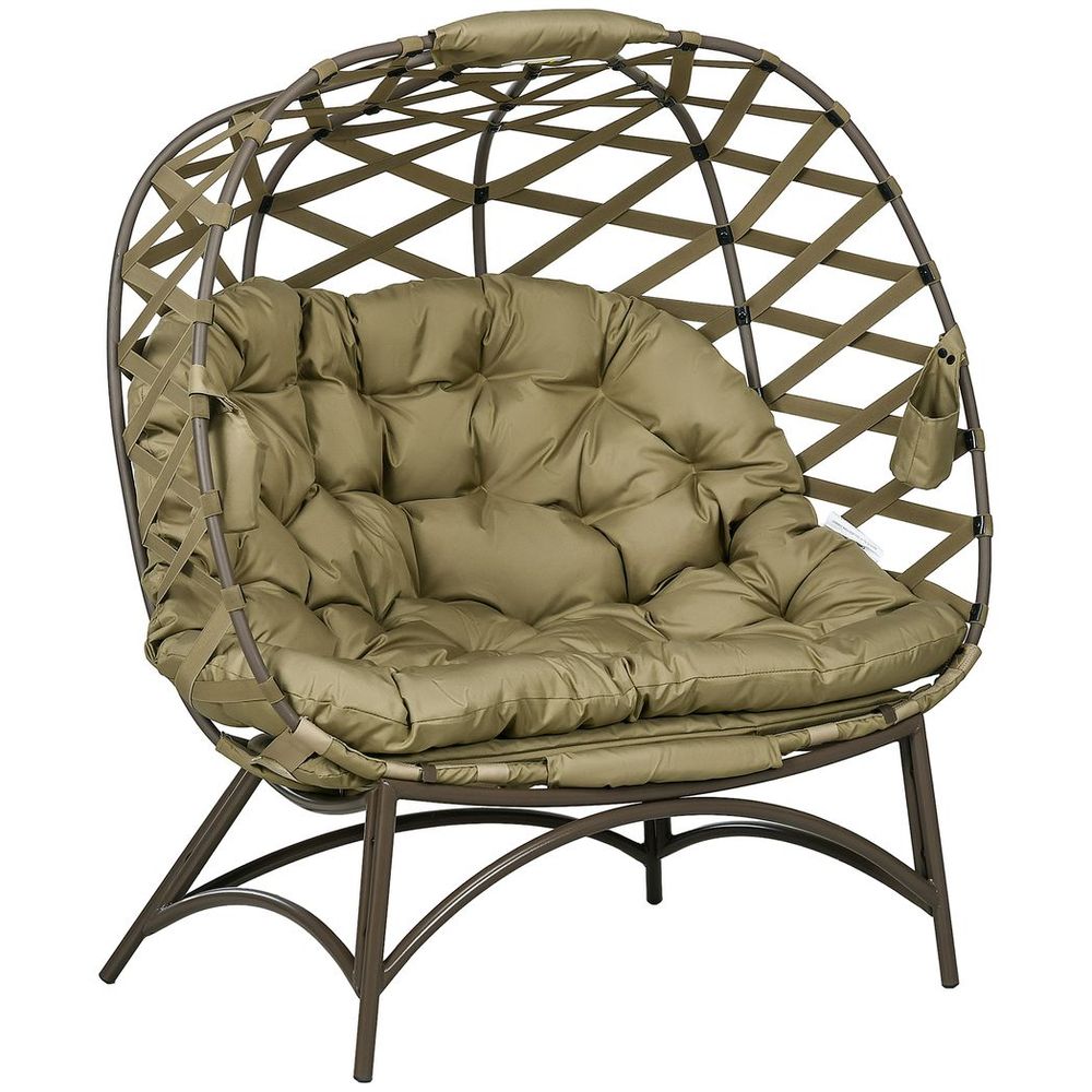 Outsunny 2 Seater Egg Chair Outdoor with Cushion, Cup Pockets - Khaki - SILVIONIX
