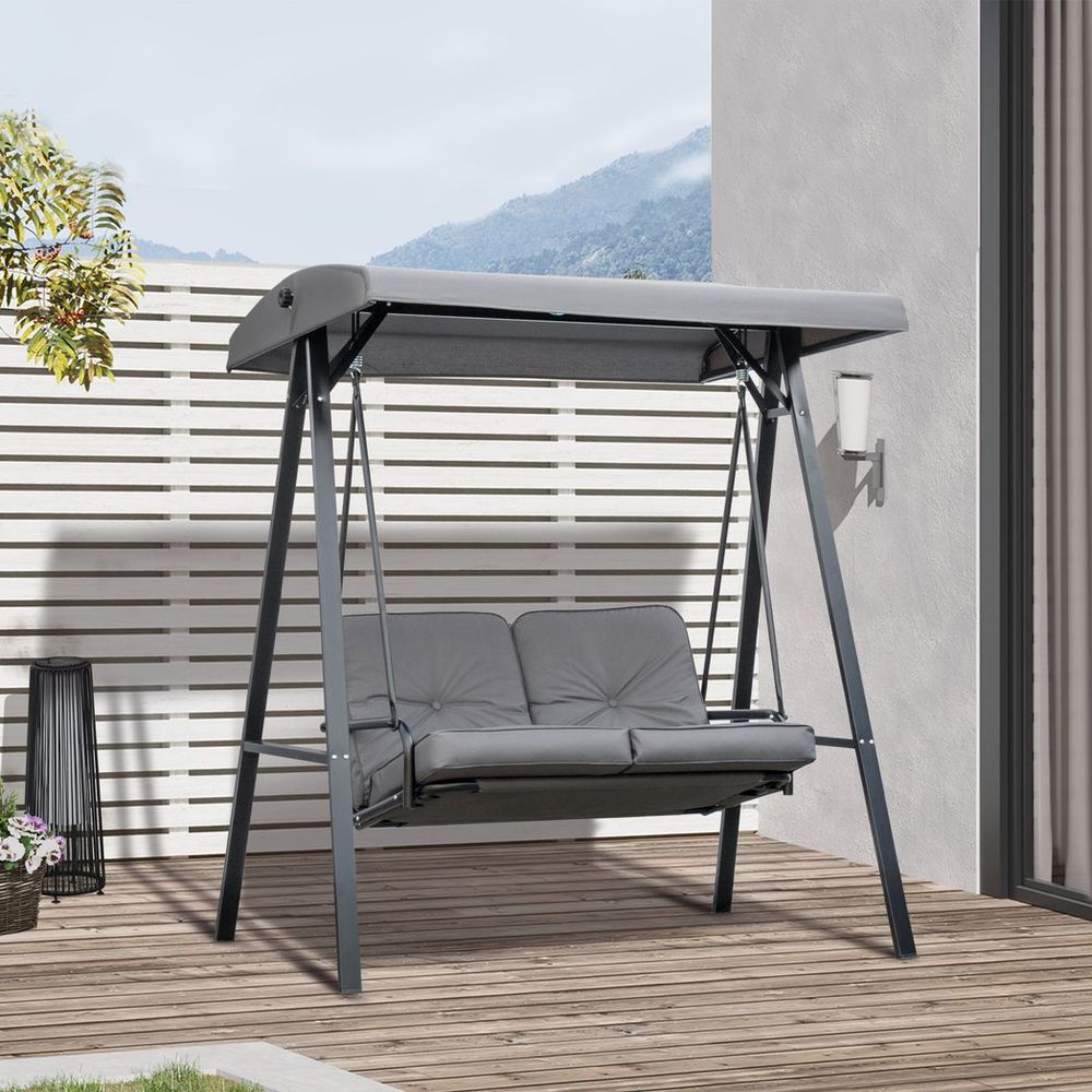 Outsunny 2 Seater Garden Outdoor Swing Chair Hammock w/ Adjustable Canopy Grey - SILVIONIX