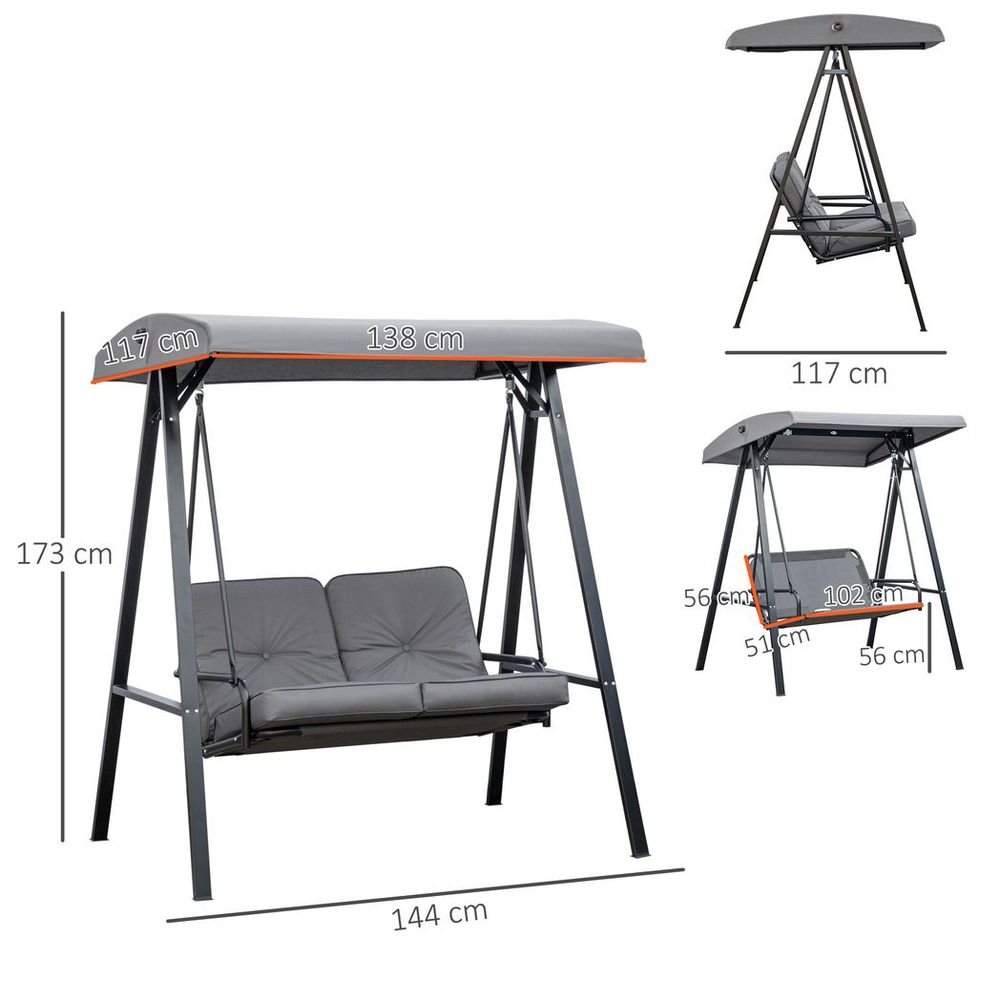 Outsunny 2 Seater Garden Outdoor Swing Chair Hammock w/ Adjustable Canopy Grey - SILVIONIX