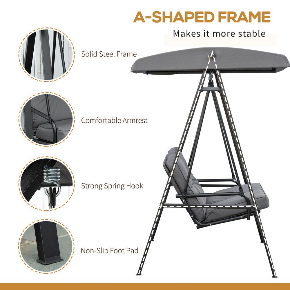 Outsunny 2 Seater Garden Outdoor Swing Chair Hammock w/ Adjustable Canopy Grey - SILVIONIX