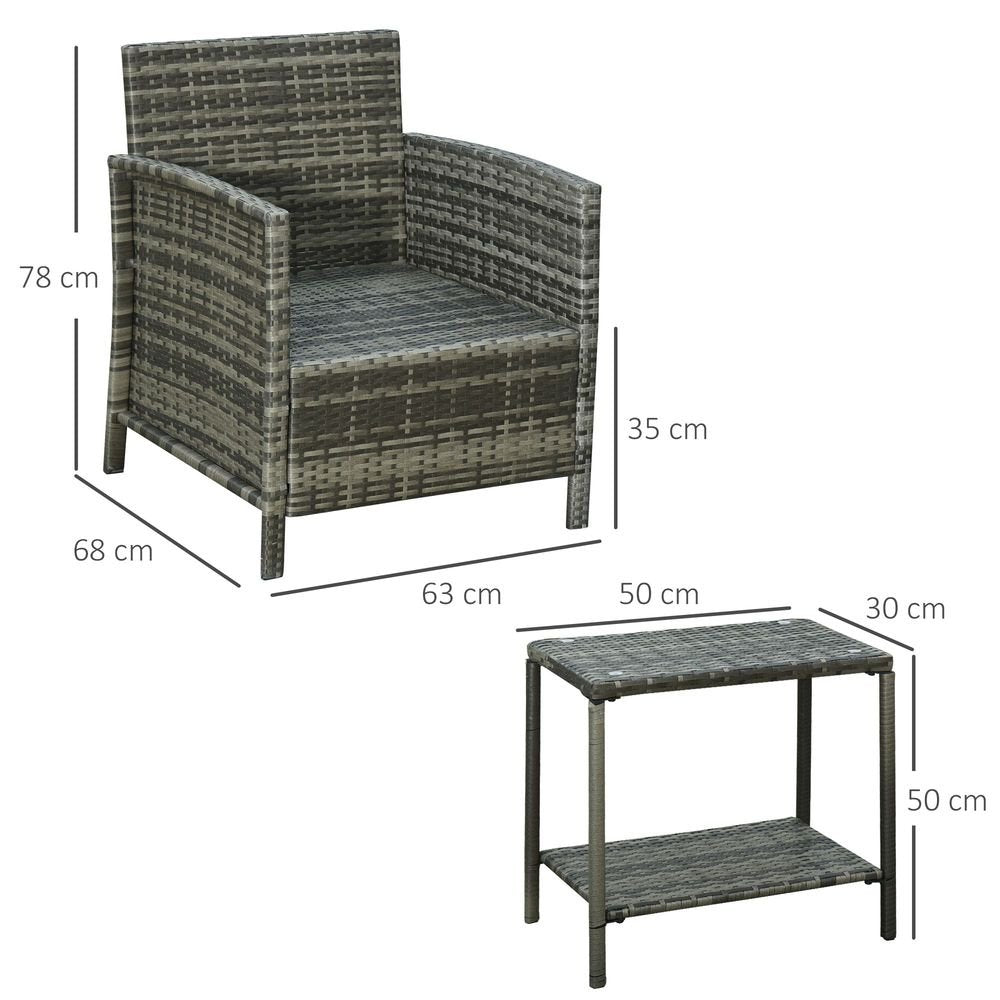 Outsunny 2 - Seater PE Rattan Side Table & Armchair Set w/ Pillows Grey - SILVIONIX