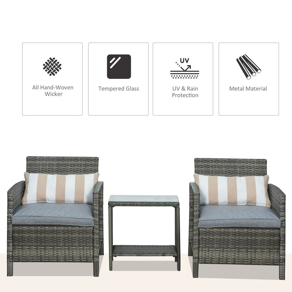 Outsunny 2 - Seater PE Rattan Side Table & Armchair Set w/ Pillows Grey - SILVIONIX
