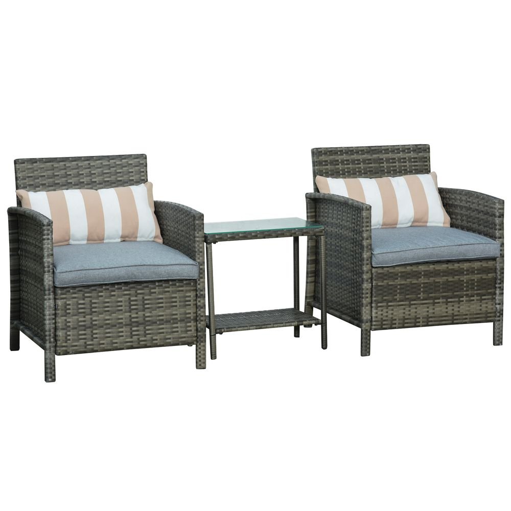 Outsunny 2 - Seater PE Rattan Side Table & Armchair Set w/ Pillows Grey - SILVIONIX