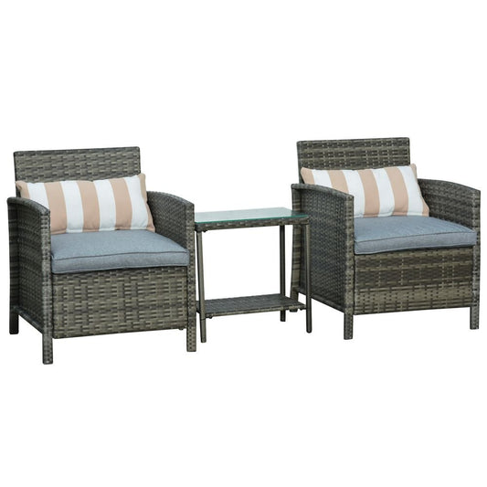 Outsunny 2 - Seater PE Rattan Side Table & Armchair Set w/ Pillows Grey - SILVIONIX