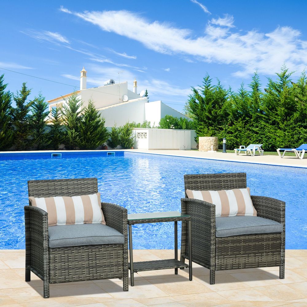 Outsunny 2 - Seater PE Rattan Side Table & Armchair Set w/ Pillows Grey - SILVIONIX