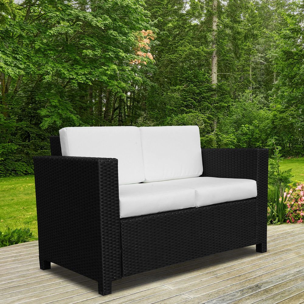 Outsunny 2 Seater Rattan Garden Sofa Black Double Couch Loveseat Wicker - SILVIONIX