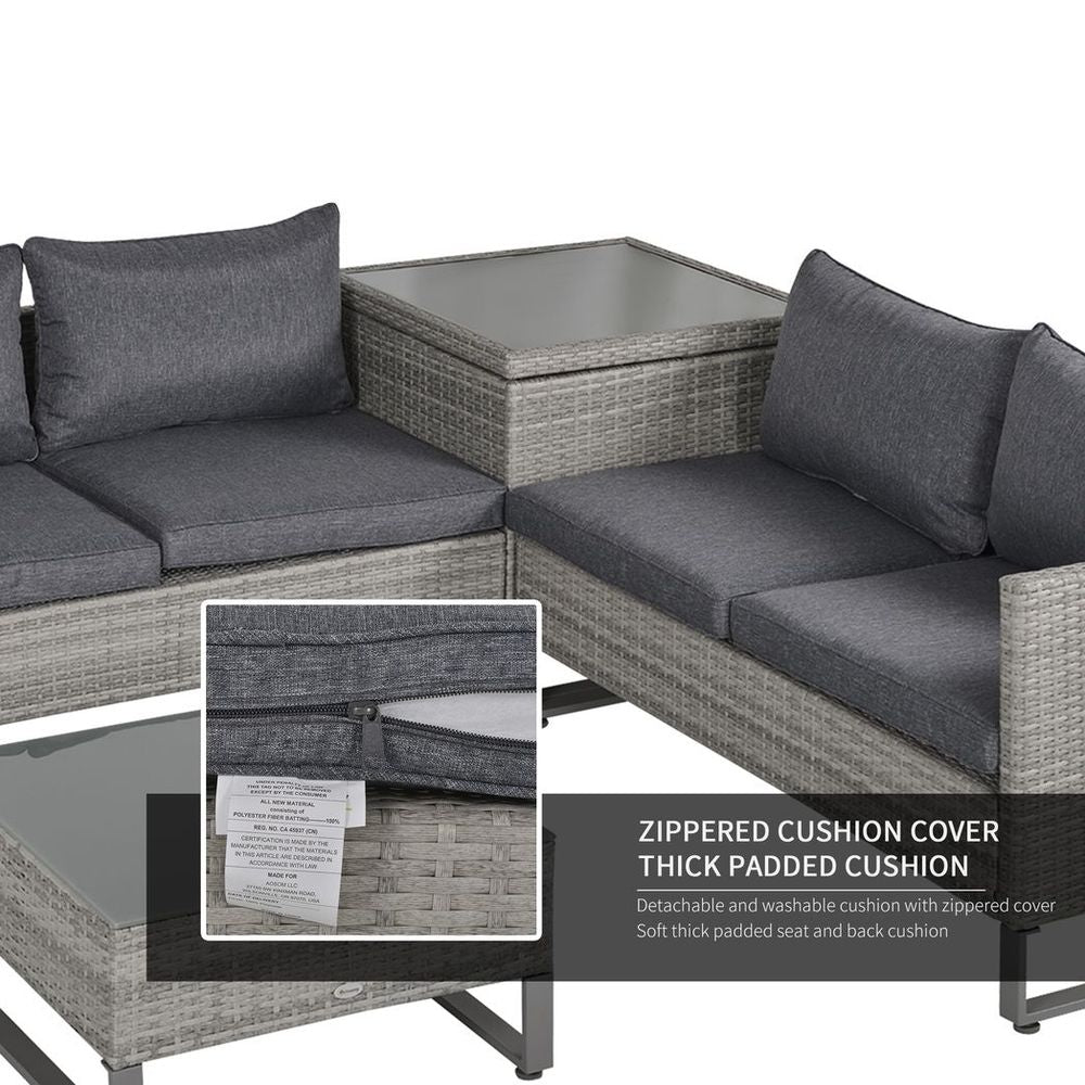 Outsunny 4 PCs Rattan Wicker Sofa Set Conservatory Furniture w/ Side Storage Box - SILVIONIX