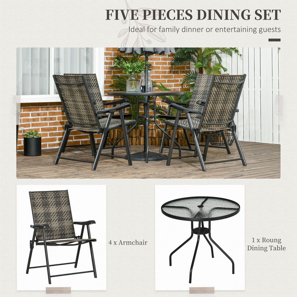 Outsunny 5 PCs Rattan Dining Sets w/ Umbrella Hole Table & Folding Armchair - SILVIONIX