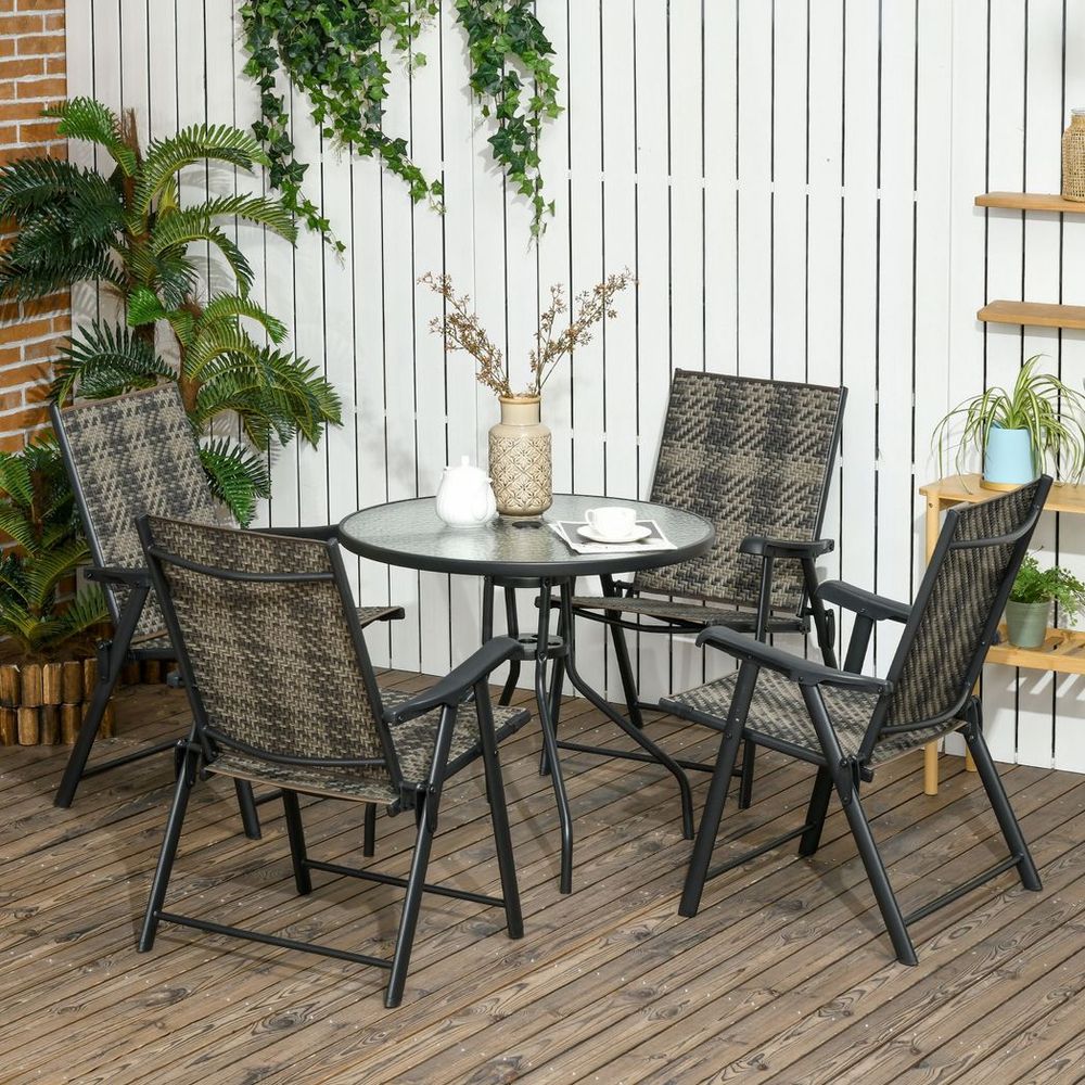 Outsunny 5 PCs Rattan Dining Sets w/ Umbrella Hole Table & Folding Armchair - SILVIONIX