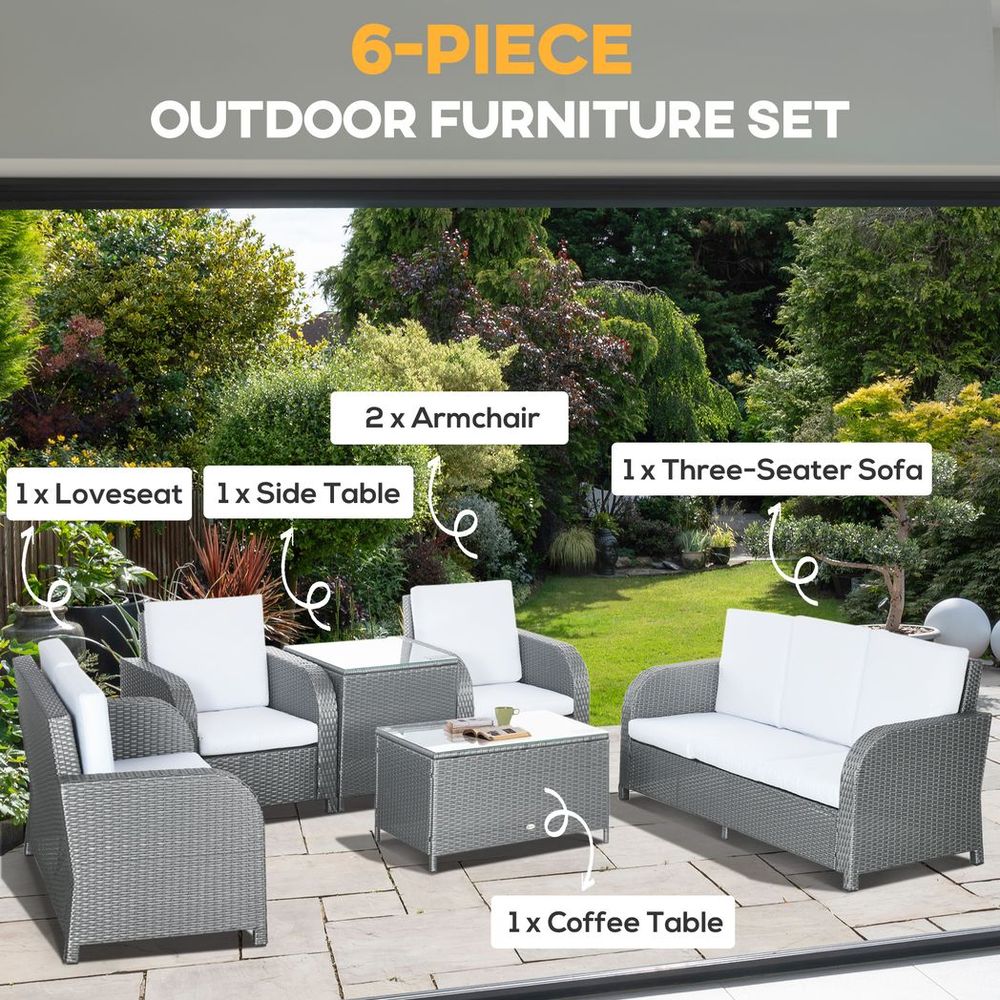 Outsunny 6 Piece Rattan Garden Furniture Set with Sofa, Glass Table, Grey - SILVIONIX