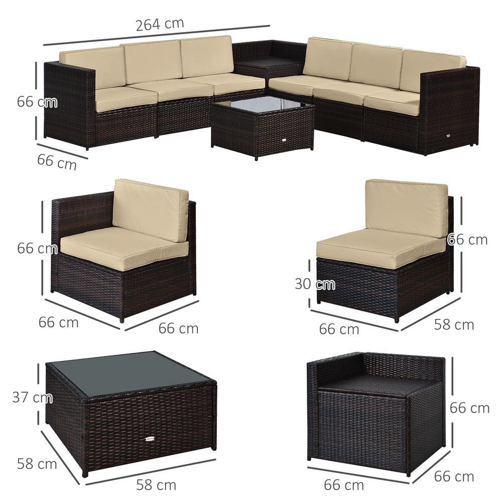 Outsunny 6 - Seater Rattan Sofa Furniture Set W/Cushions, Steel Frame - Brown - SILVIONIX