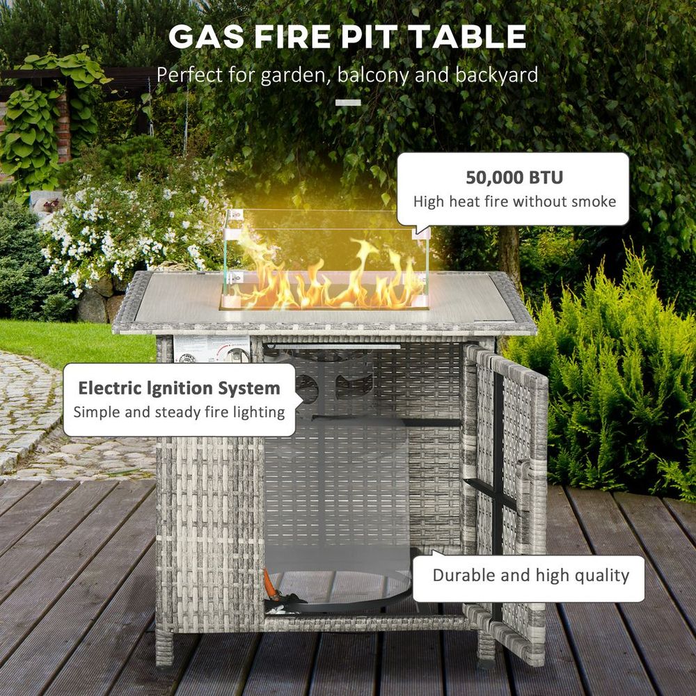 Outsunny Gas Fire Pit Table w/ Rain Cover, Windscreen & Lava Stone, 50,000 BTU - SILVIONIX