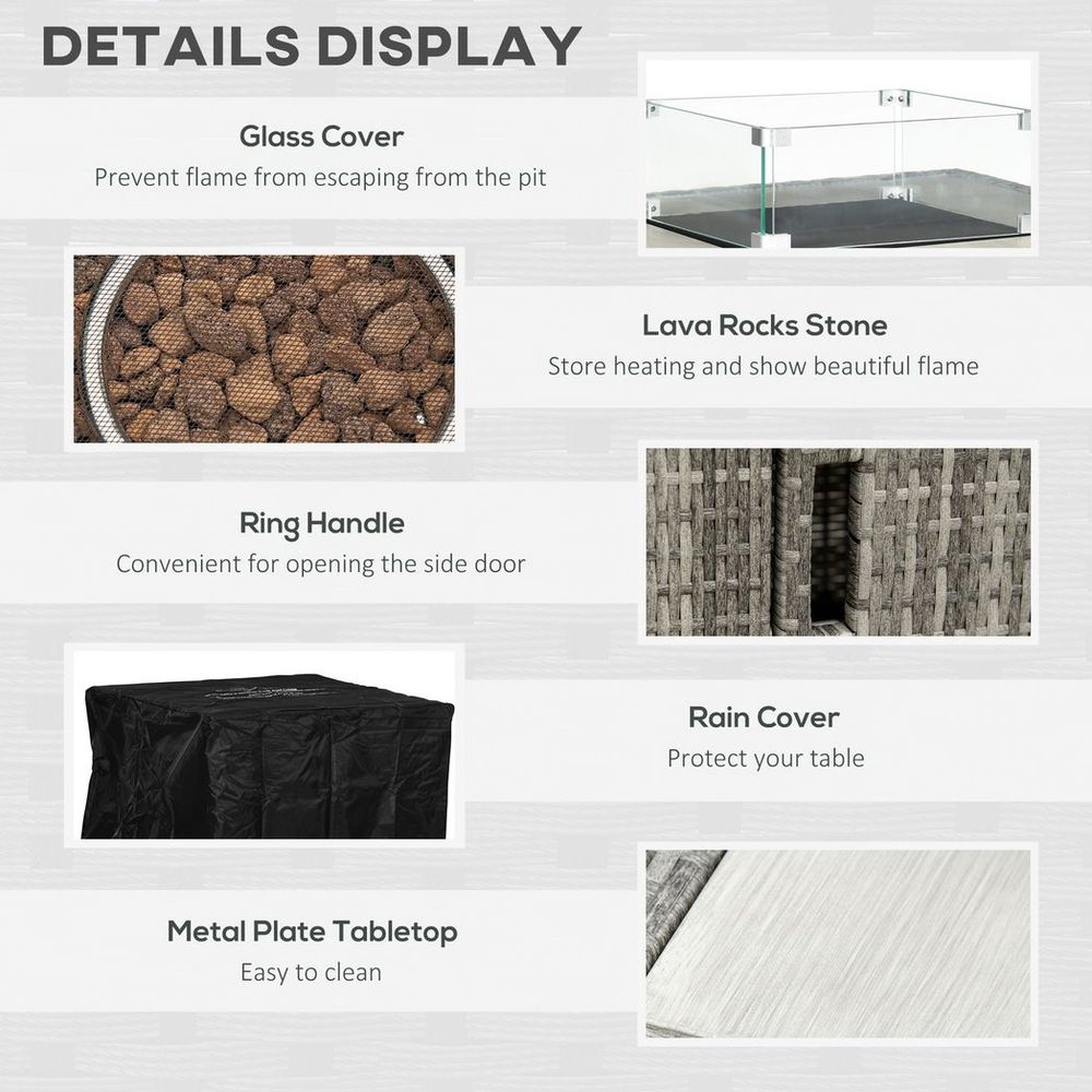 Outsunny Gas Fire Pit Table w/ Rain Cover, Windscreen & Lava Stone, 50,000 BTU - SILVIONIX