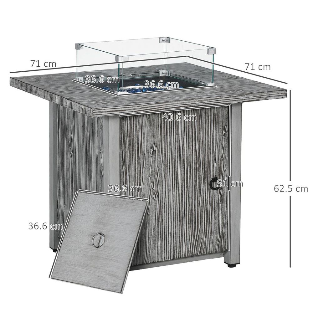 Outsunny Gas Fire Pit Table with 40,000 BTU Burner, Cover, Glass Screen, Grey - SILVIONIX