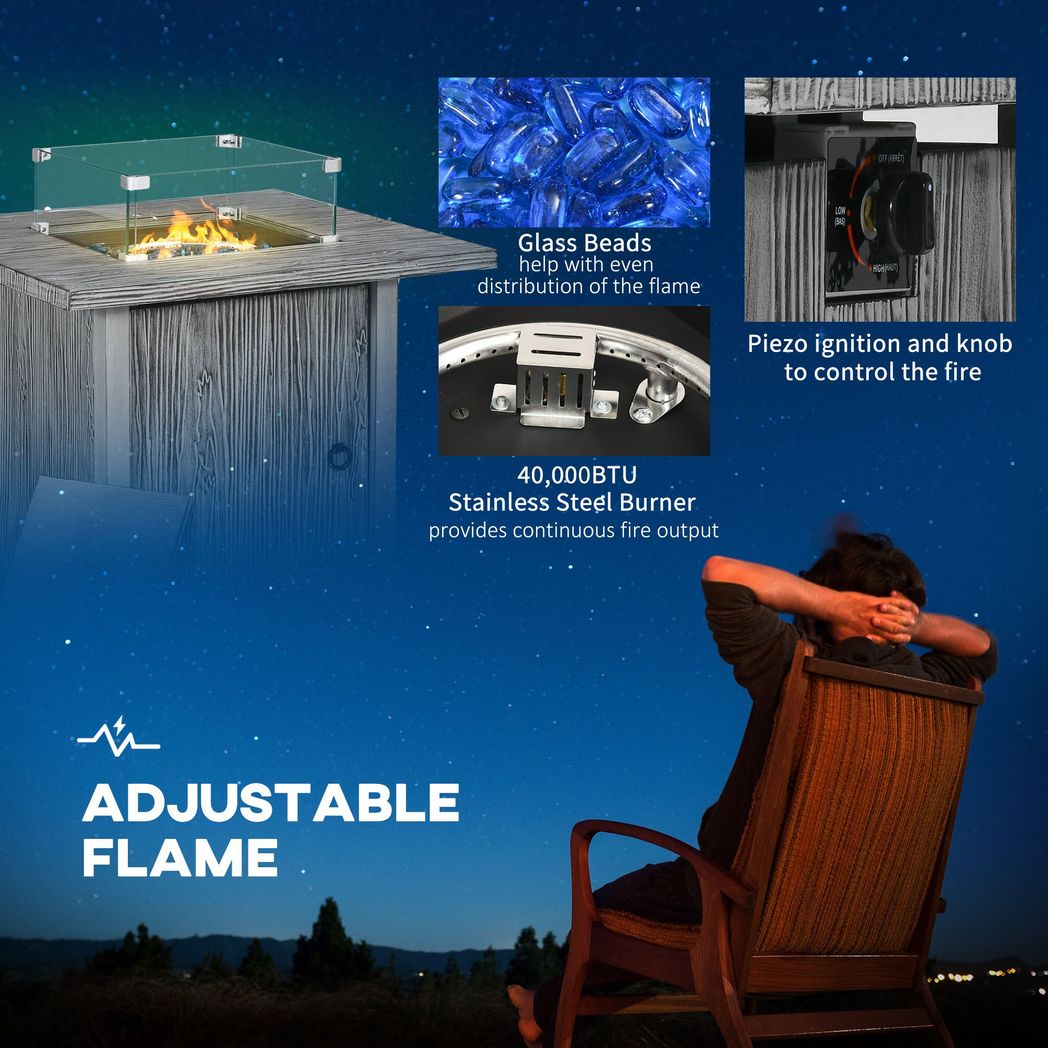 Outsunny Gas Fire Pit Table with 40,000 BTU Burner, Cover, Glass Screen, Grey - SILVIONIX