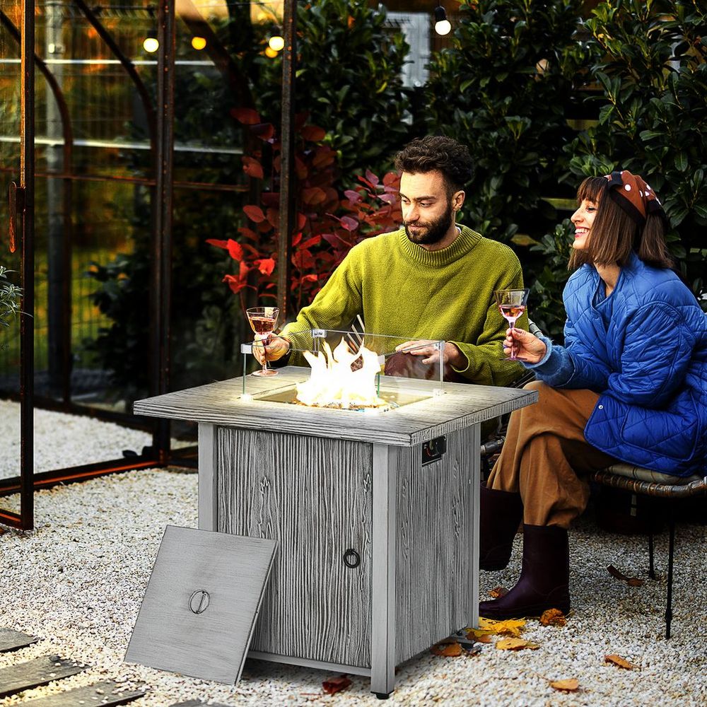 Outsunny Gas Fire Pit Table with 40,000 BTU Burner, Cover, Glass Screen, Grey - SILVIONIX