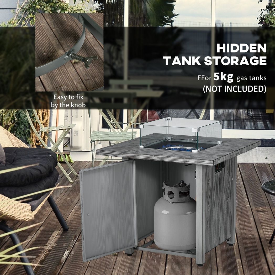 Outsunny Gas Fire Pit Table with 40,000 BTU Burner, Cover, Glass Screen, Grey - SILVIONIX