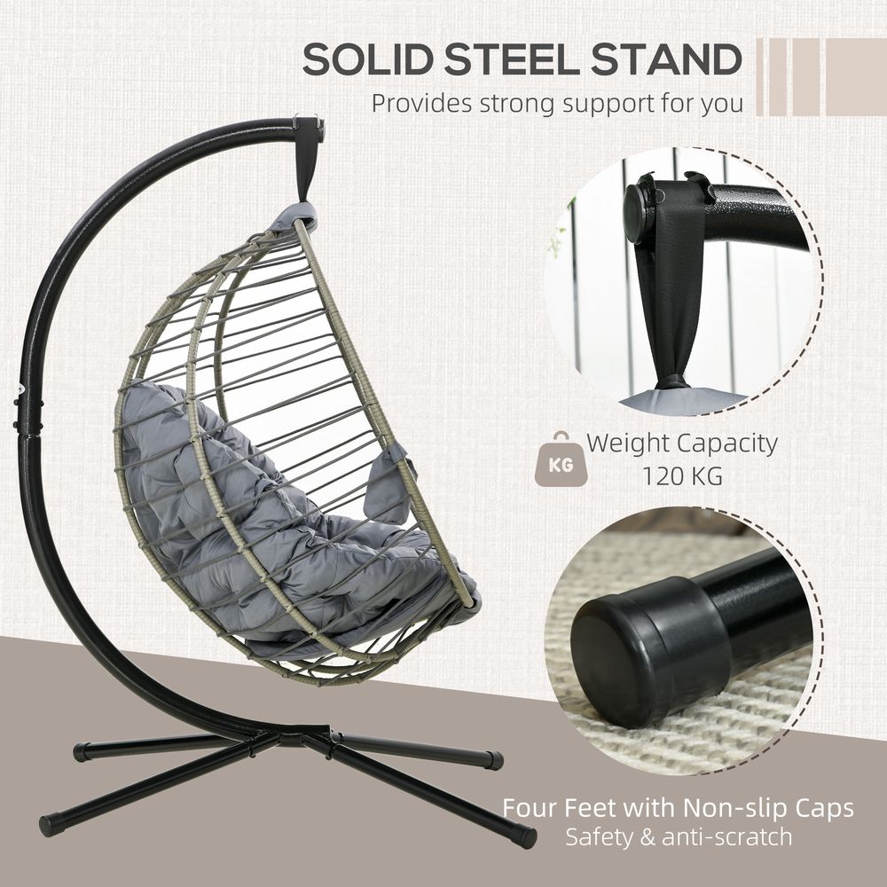 Outsunny PE Rattan Hanging Swing Chair w/ Stand & Cup Holder, Grey - SILVIONIX