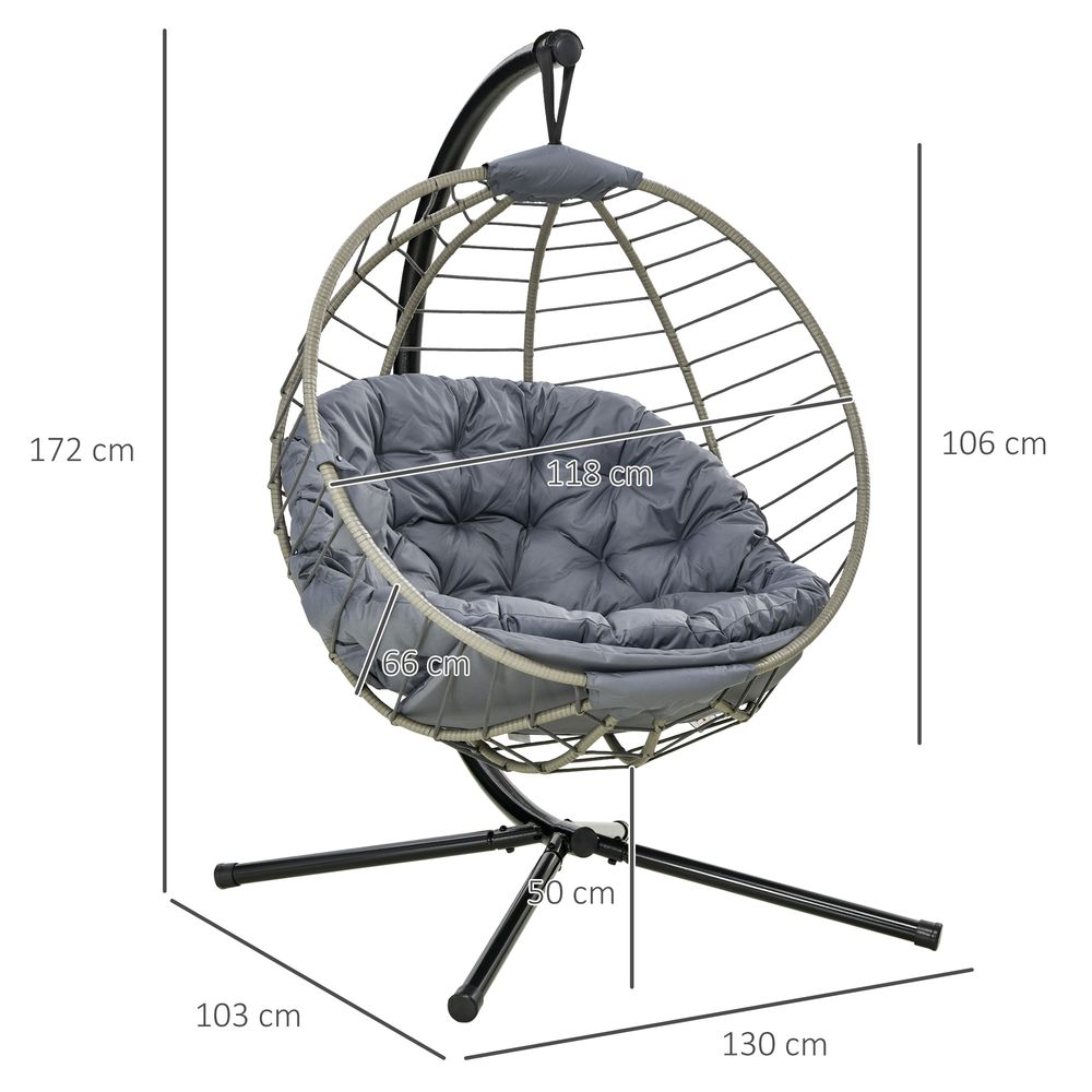 Outsunny PE Rattan Hanging Swing Chair w/ Stand & Cup Holder, Grey - SILVIONIX