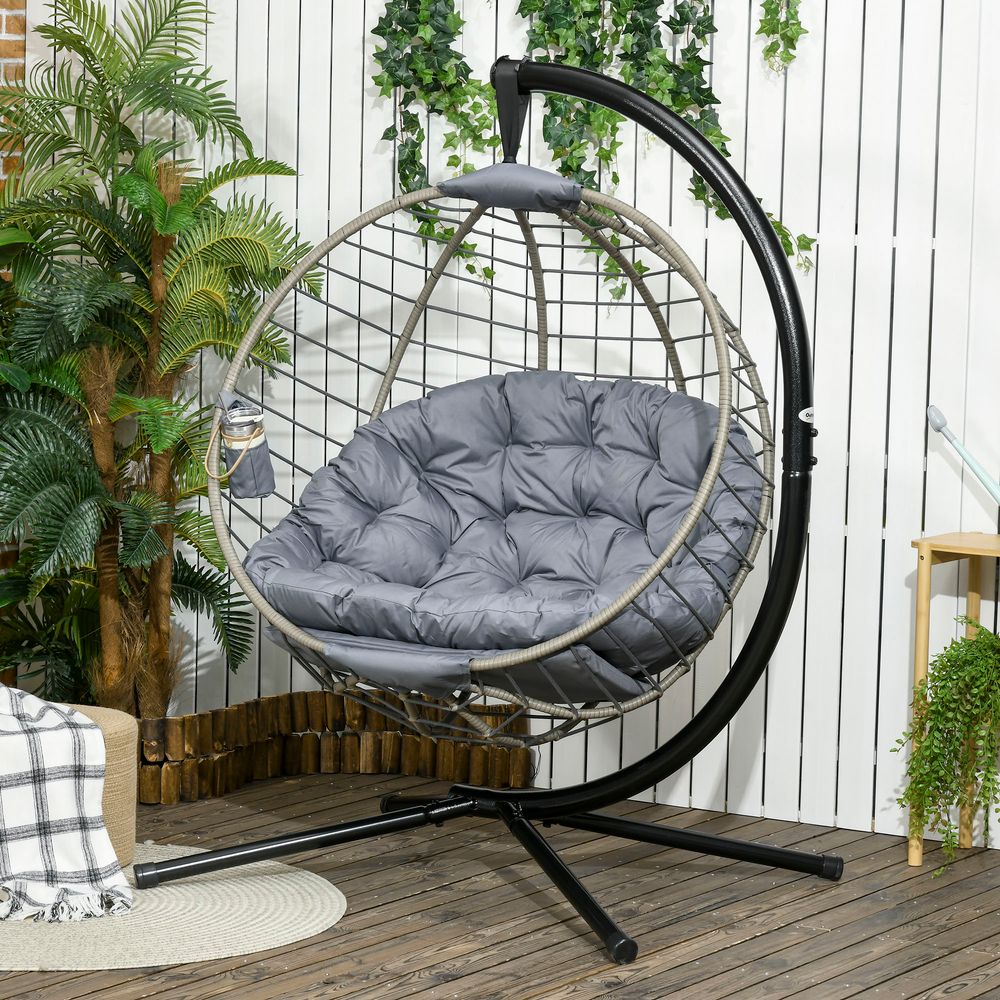 Outsunny PE Rattan Hanging Swing Chair w/ Stand & Cup Holder, Grey - SILVIONIX