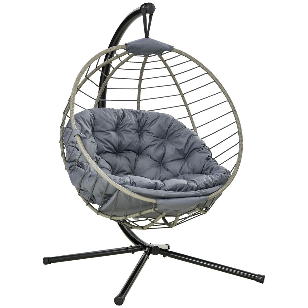 Outsunny PE Rattan Hanging Swing Chair w/ Stand & Cup Holder, Grey - SILVIONIX