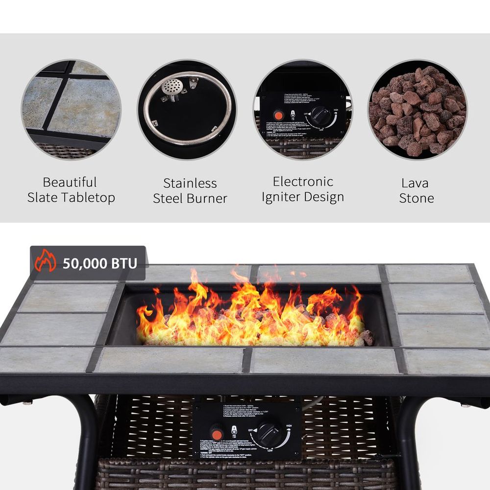 Outsunny Rattan Fire Pit Square Patio Heater w/ Fire Control Panel for Outdoor - SILVIONIX