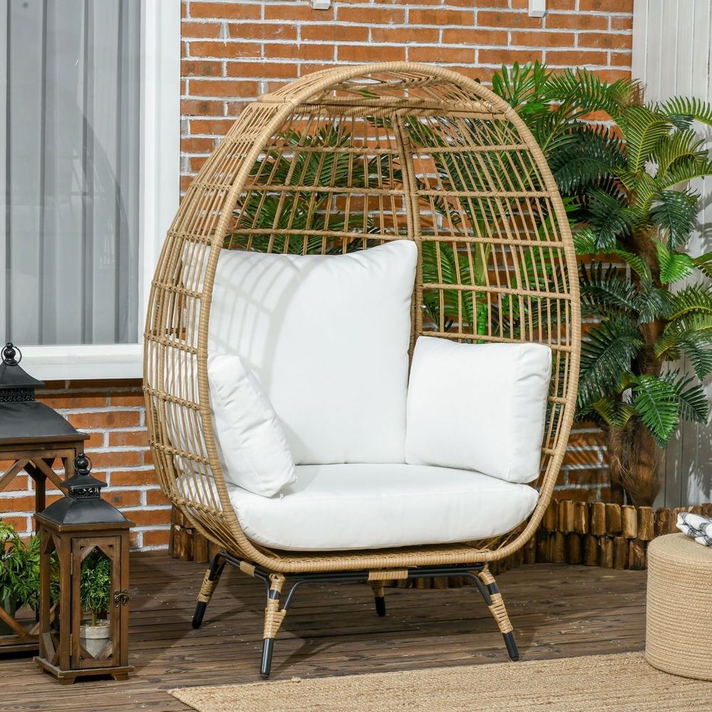 Outsunny Round PE Rattan Outdoor Egg Chair w/ Padded Cushions for Garden, Khaki - SILVIONIX