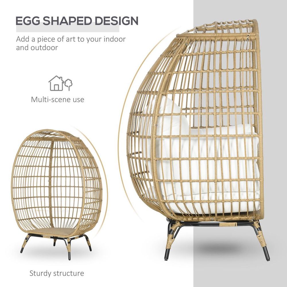 Outsunny Round PE Rattan Outdoor Egg Chair w/ Padded Cushions for Garden, Khaki - SILVIONIX