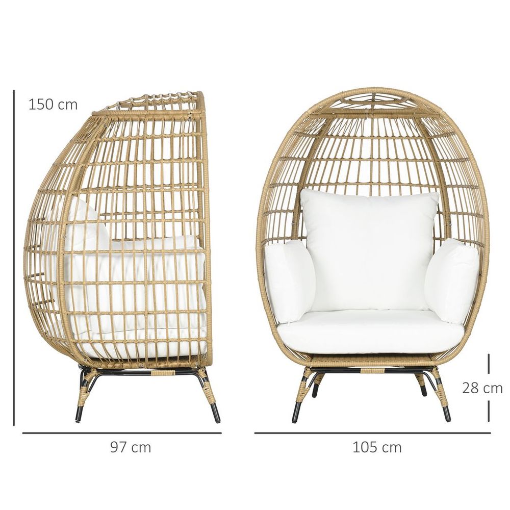 Outsunny Round PE Rattan Outdoor Egg Chair w/ Padded Cushions for Garden, Khaki - SILVIONIX