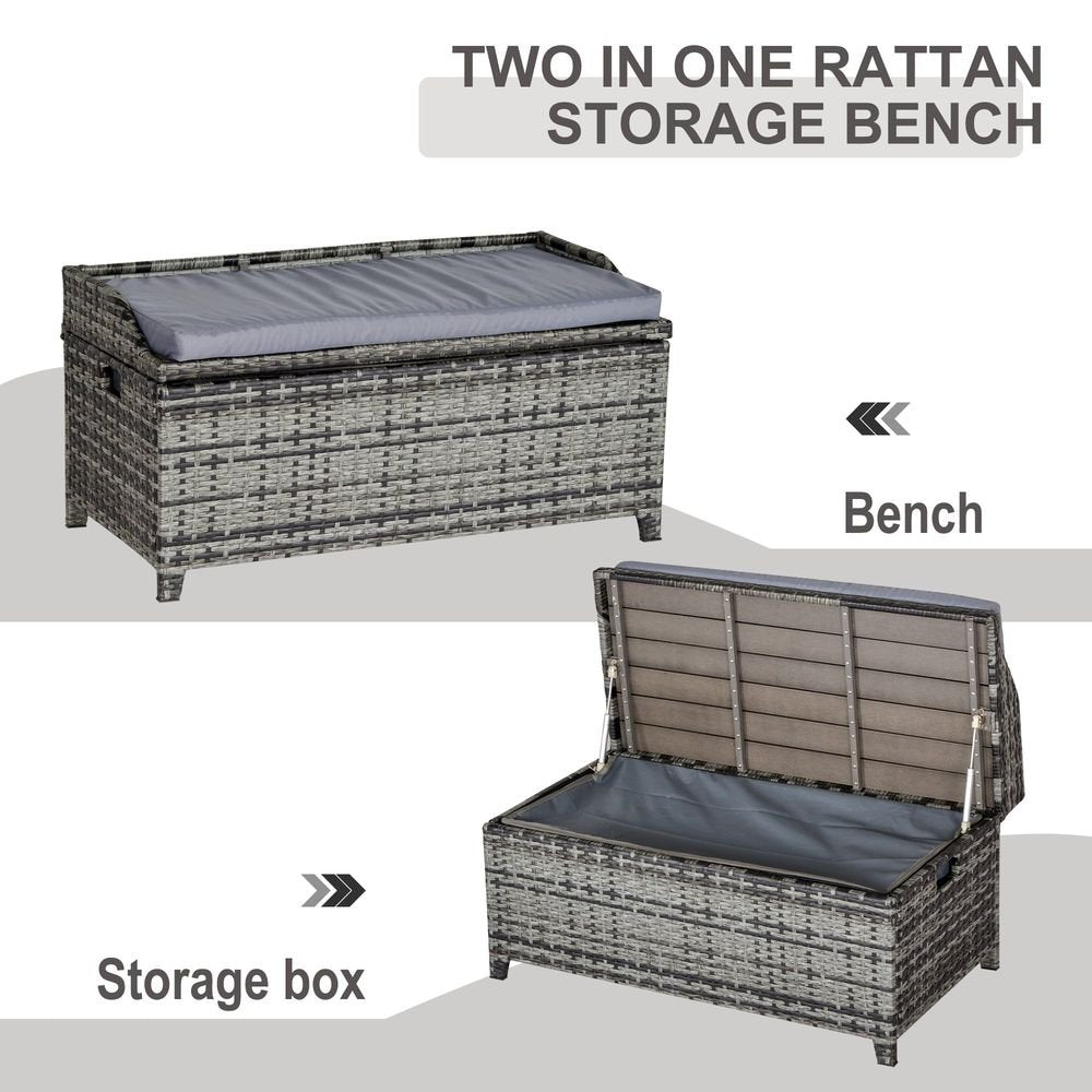 PE Rattan Bench Patio Wicker Storage Basket Seat Furniture w/ Cushion - SILVIONIX