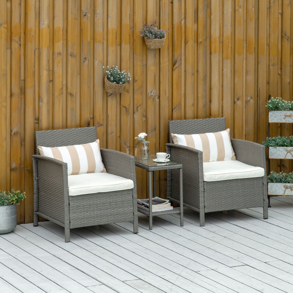 Rattan 2 Seater Patio Bistro Set with Cushion Pillow - Grey, Cream White - SILVIONIX