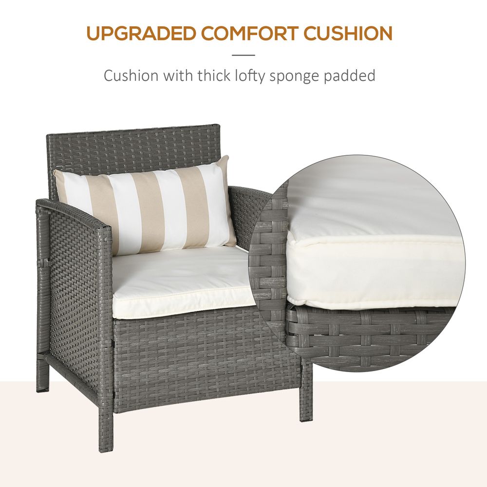 Rattan 2 Seater Patio Bistro Set with Cushion Pillow - Grey, Cream White - SILVIONIX