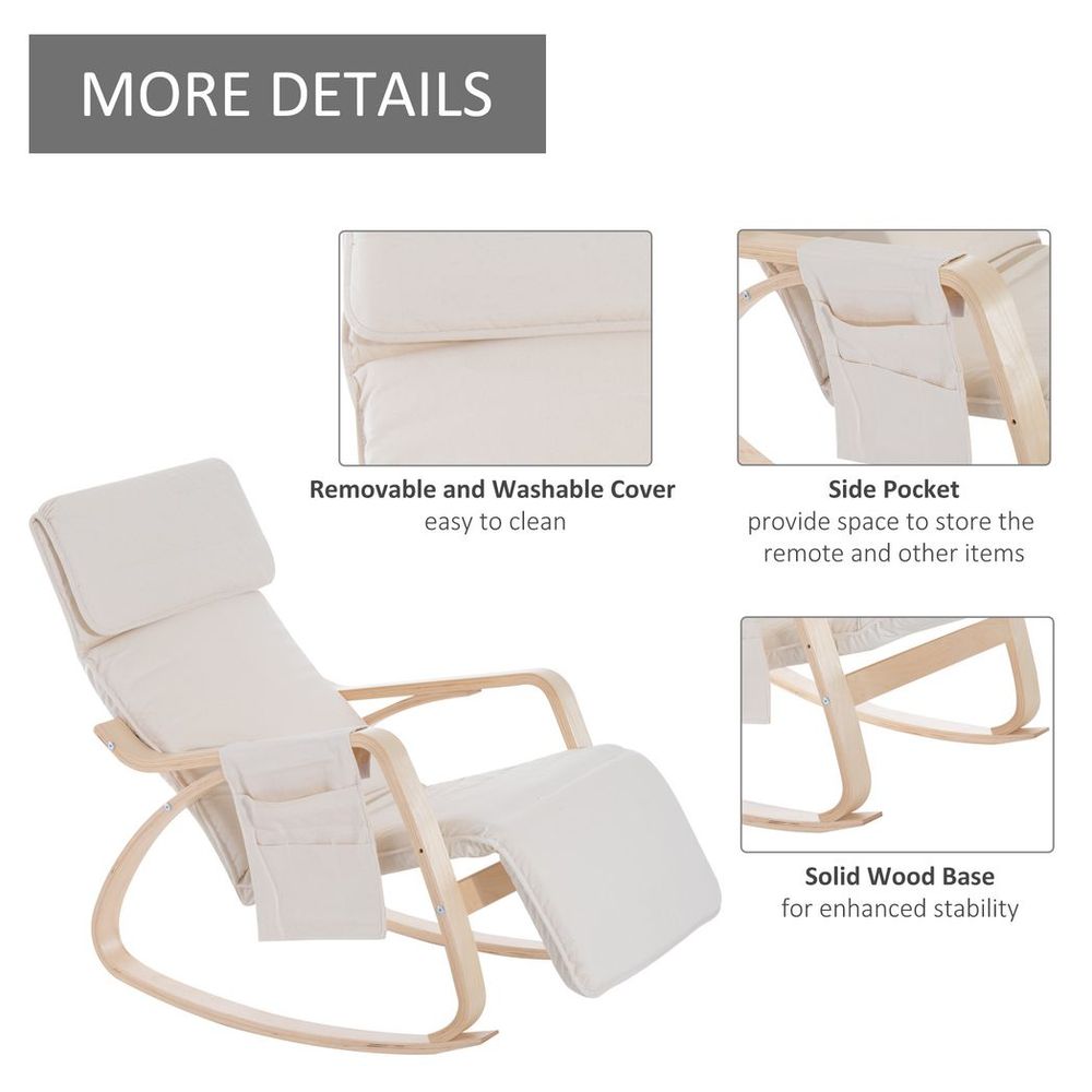 Rocking Chair Recliner Armchair with Adjustable Footrest, Cream White - SILVIONIX
