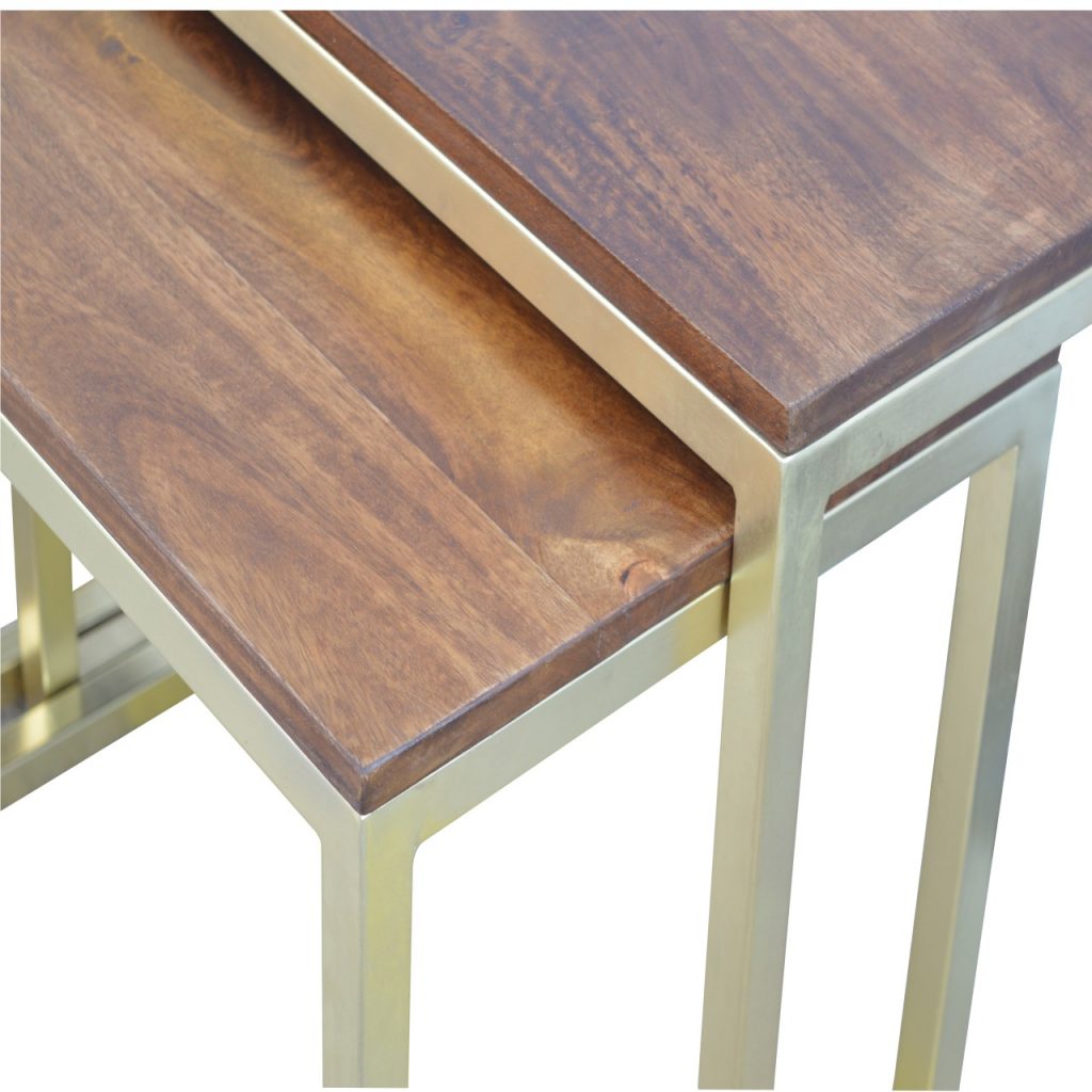 Solid Wood & Iron Gold Base Table Set of 3 - SILVIONIX