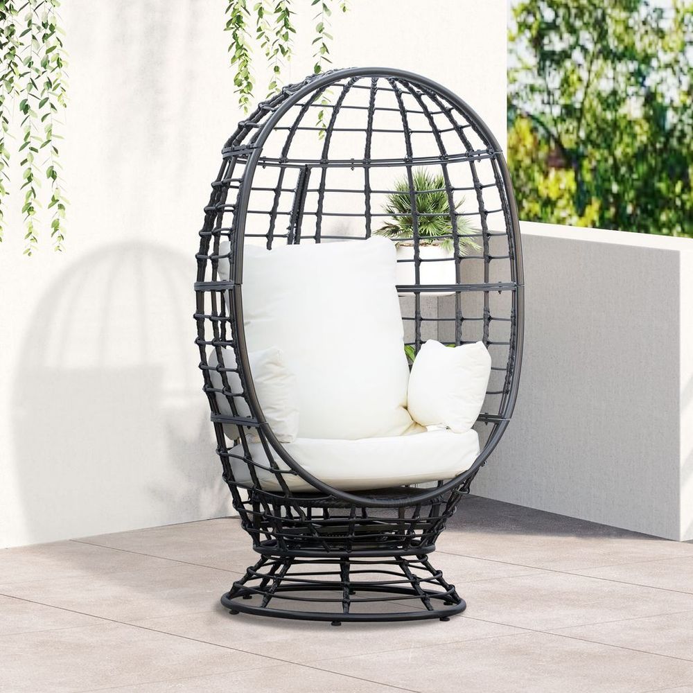 Swivel Egg Chair Rattan Outdoor Chair with Cushion for Patio Black - SILVIONIX