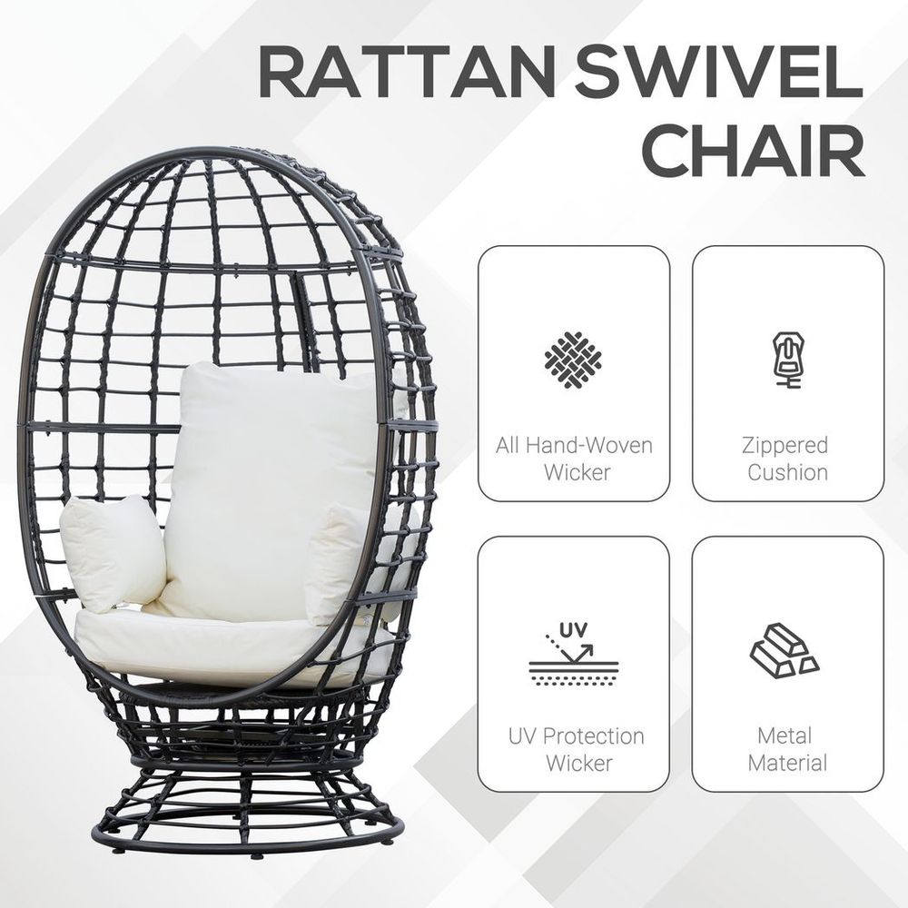Swivel Egg Chair Rattan Outdoor Chair with Cushion for Patio Black - SILVIONIX