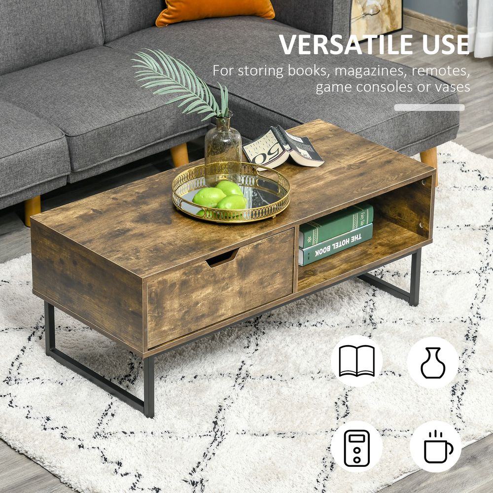 Coffee Table Wood Finish Metal Frame Sofa Table Drawer & Shelf Brown - SILVIONIX