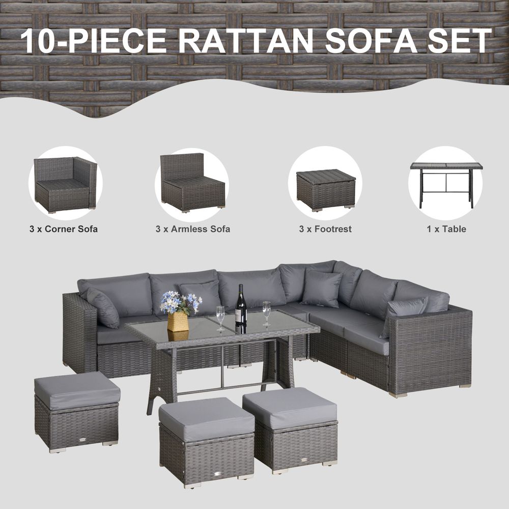 10 Pcs Rattan Sofa Set - Grey/Dusty Blue Cushion - SILVIONIX