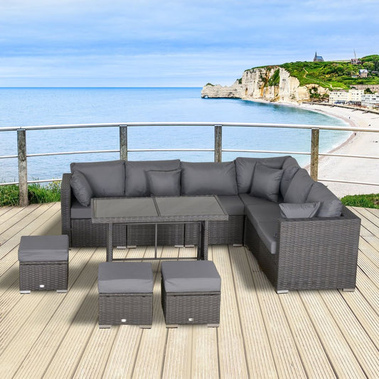 10 Pcs Rattan Sofa Set - Grey/Dusty Blue Cushion - SILVIONIX