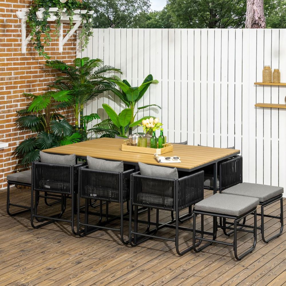 11 - PC Rattan Dining Set, 10 - seater Table & Chair Sets w/ Space - saving Design - SILVIONIX