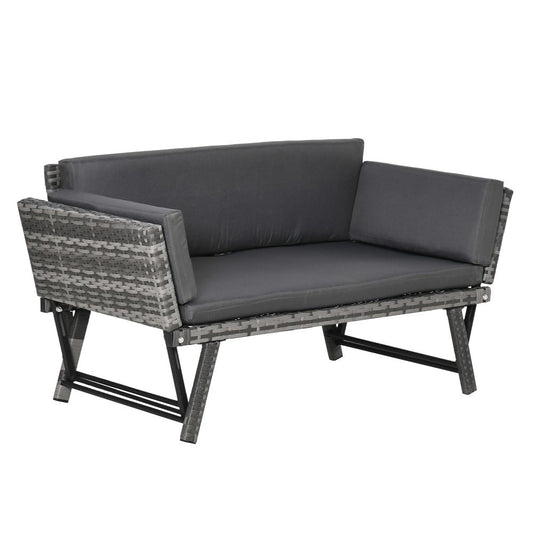 2 in 1 Rattan Folding Daybed Sofa Grey w/Cushion - SILVIONIX