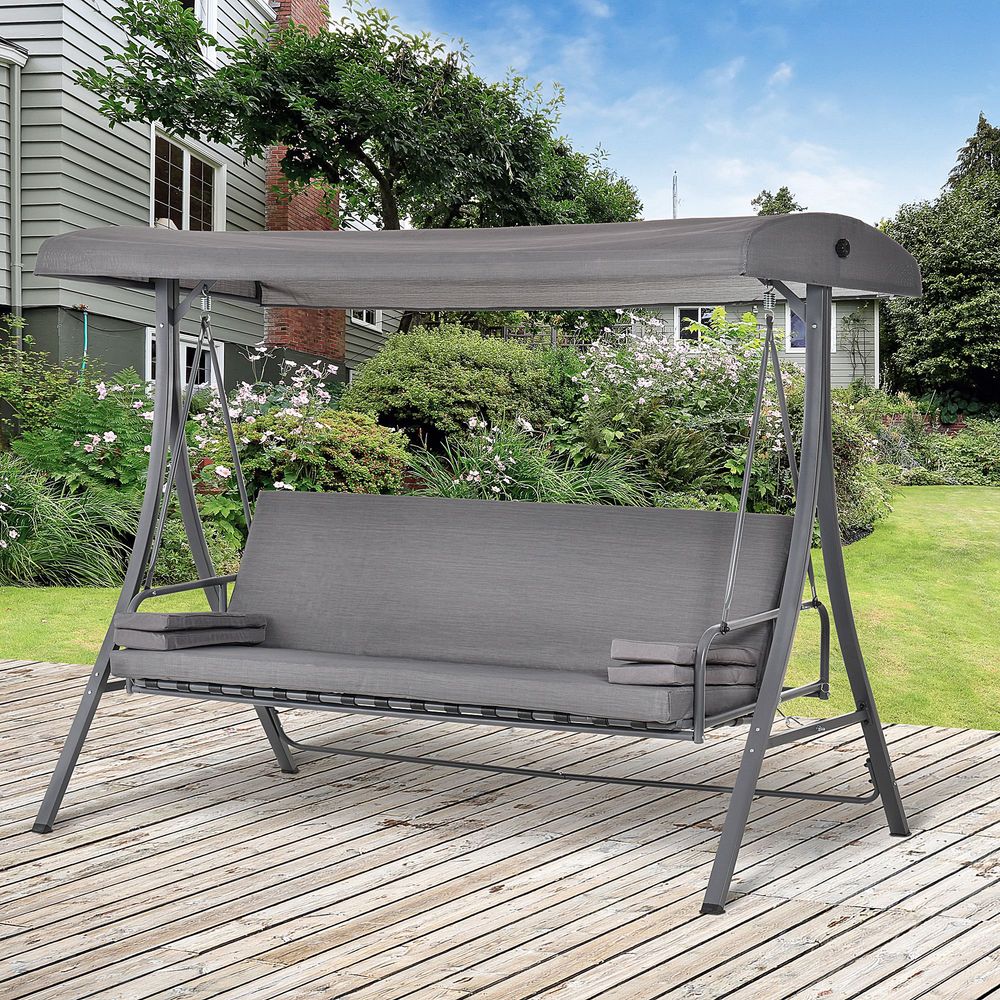 2 - in - 1 Swing Chair 3 Seater Bench Hammock Bed Adjustable Canopy Pillow, Grey - SILVIONIX