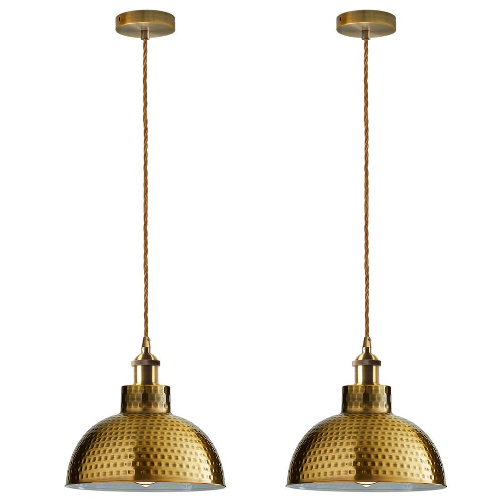 2 Pack Vintage Industrial Yellow Brass Ceiling Pendant Light Metal Shade Hanging Lamp - SILVIONIX