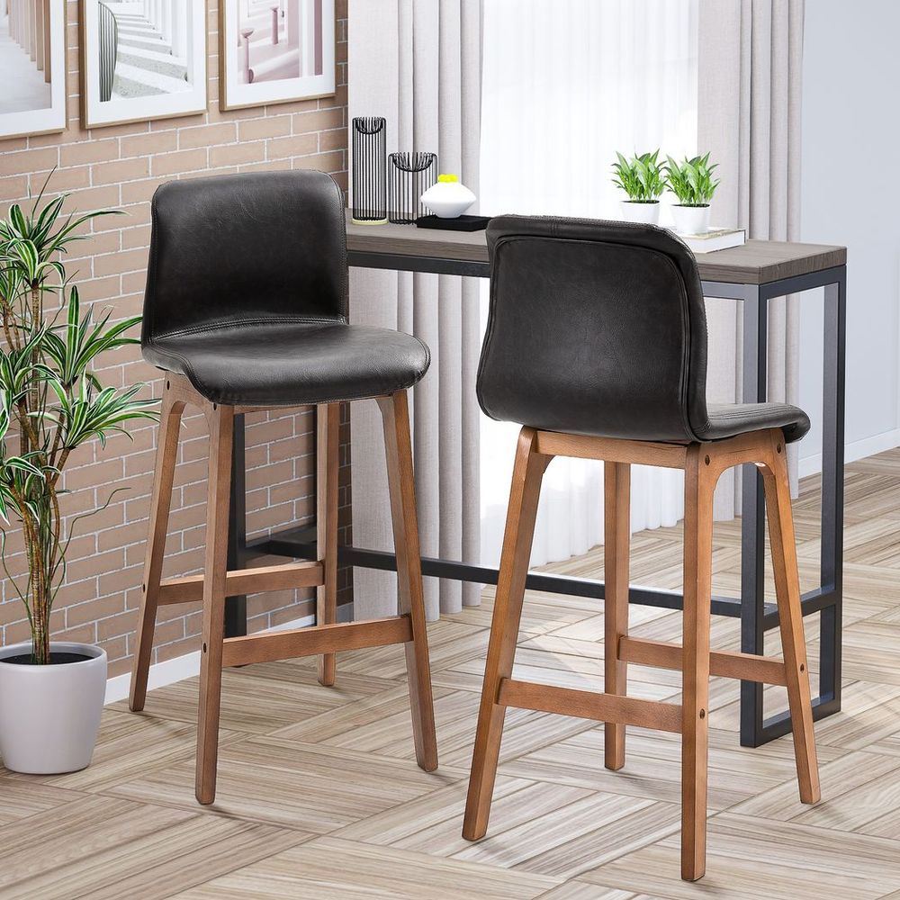 2 Pcs 93cm Faux Leather Bar Stools Wooden Frame Footrest Padding High Back Brown - SILVIONIX