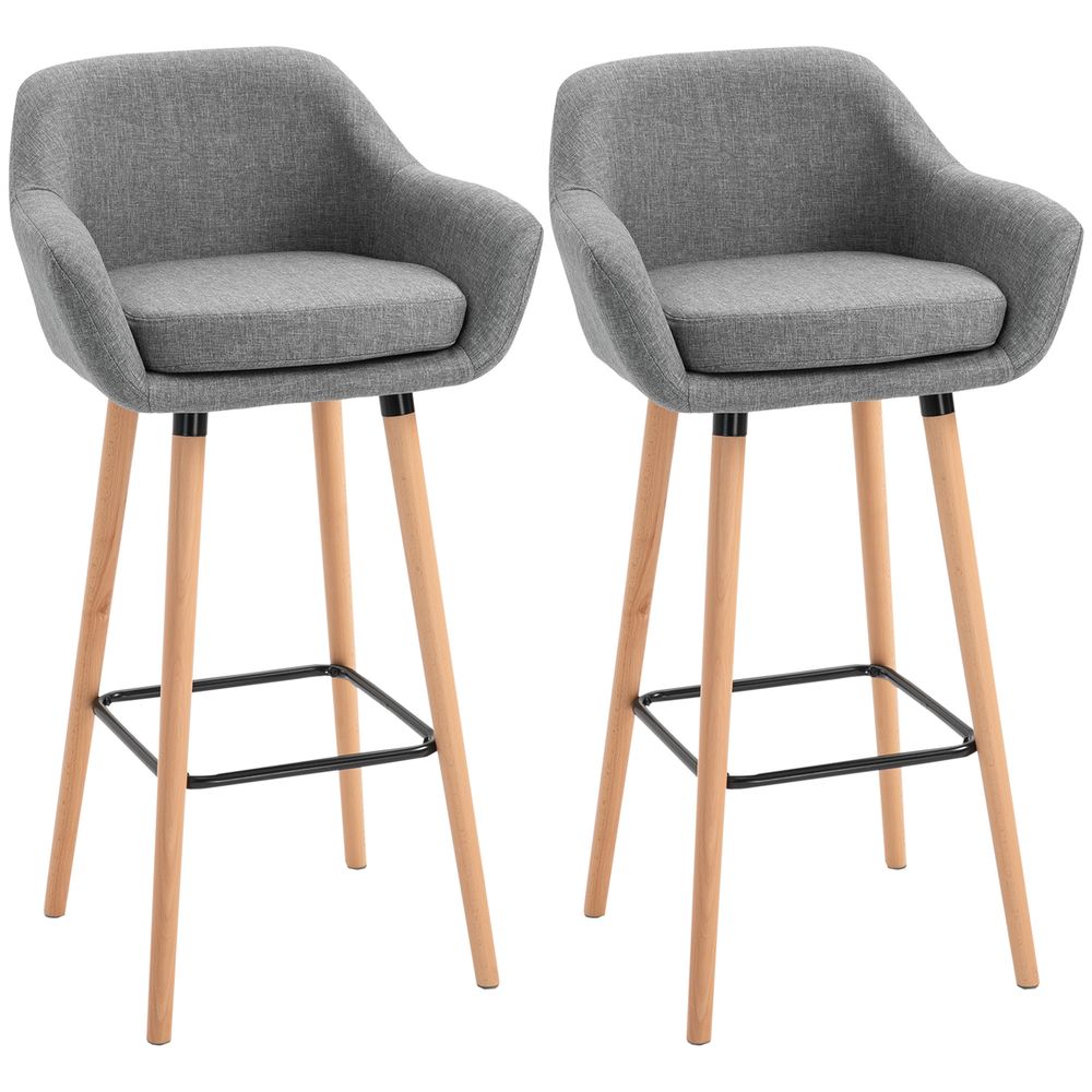 2 PCs Modern Upholstered Fabric Bucket Seat Bar Stools w/ Solid Wood Legs Grey - SILVIONIX